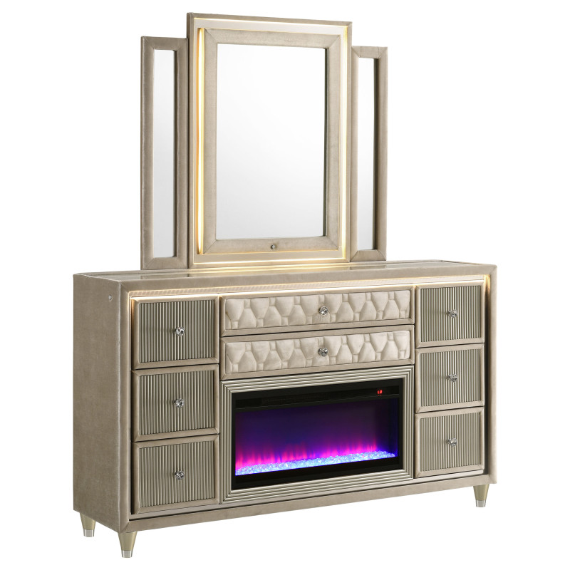 222663FBM Lorient 8-drawer LED Flame Box Dresser and Mirror Ivory Camel