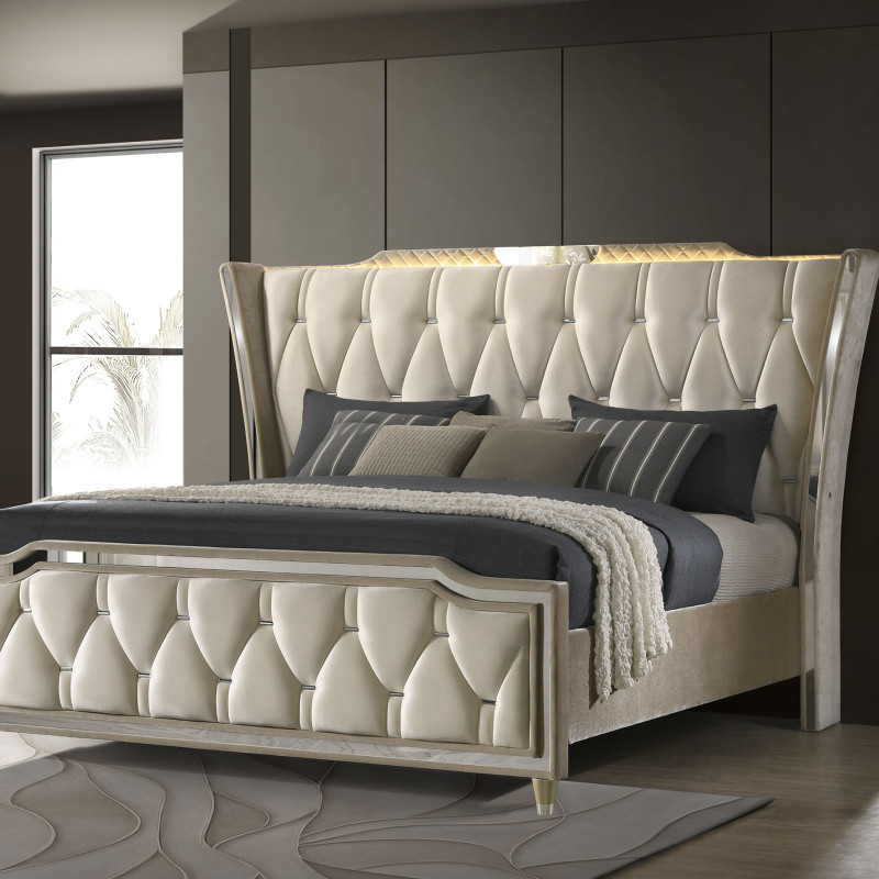 222661Q Lorient Queen LED Upholstered Wingback Bed Ivory and Camel