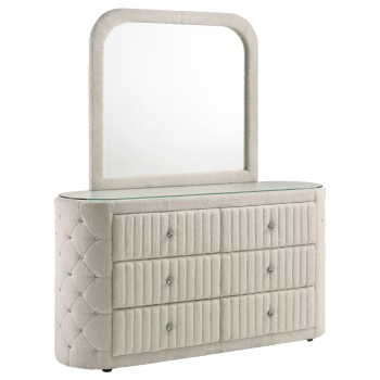 360113M Sonya 6-drawer Upholstered Bedroom Dresser with Mirror Ivory