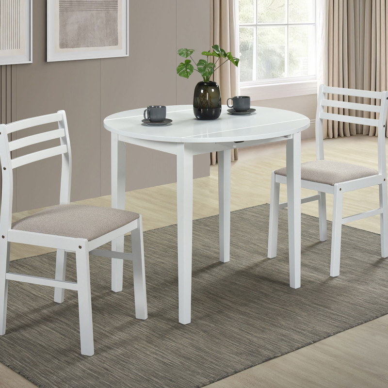 130005WHT Bucknell 3-piece Round Drop Leaf Dining Table Set White