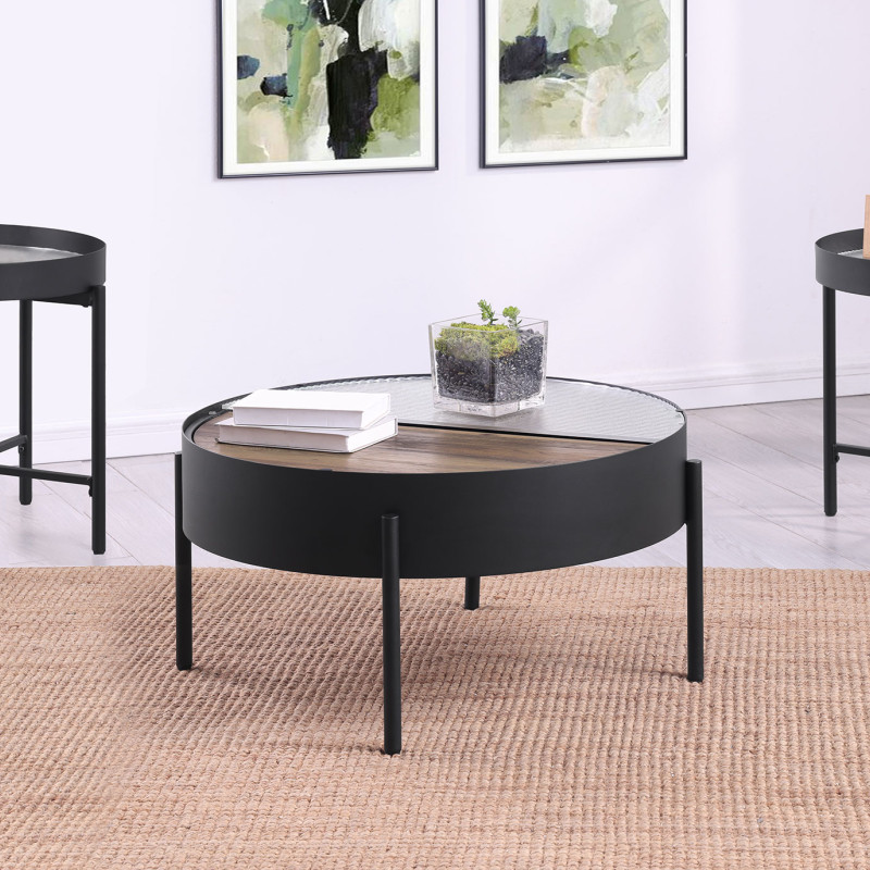 707898-S3 Ozella 3-piece Round Coffee and End Table Set Sandy Black