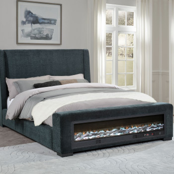 305821Q Preston Upholstered Queen Audio Flame Visualizer Bed Dark Blue