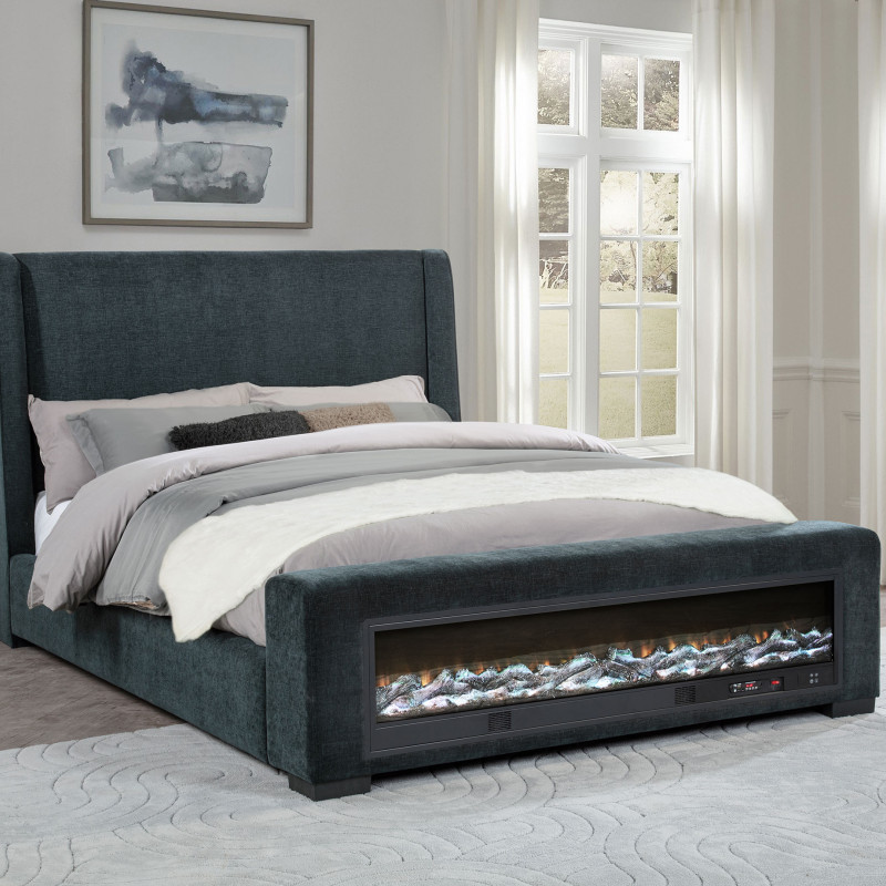 305821Q Preston Upholstered Queen Audio Flame Visualizer Bed Dark Blue
