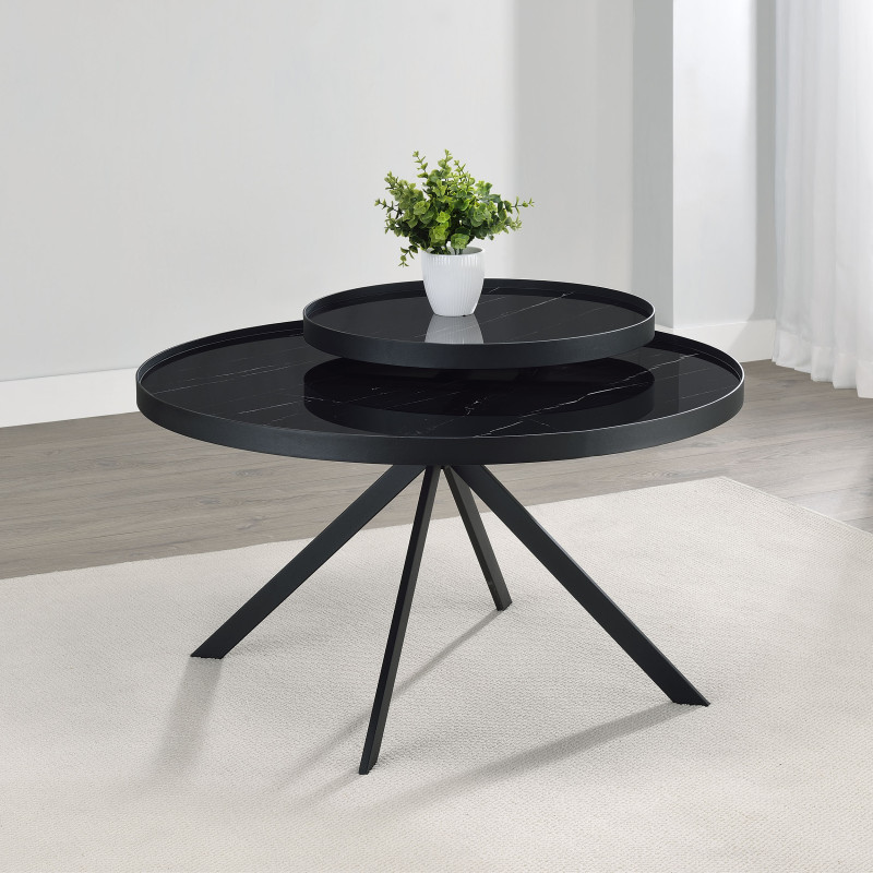 706268 Briggs Round Marble Printed Glass Top Coffee Table Black