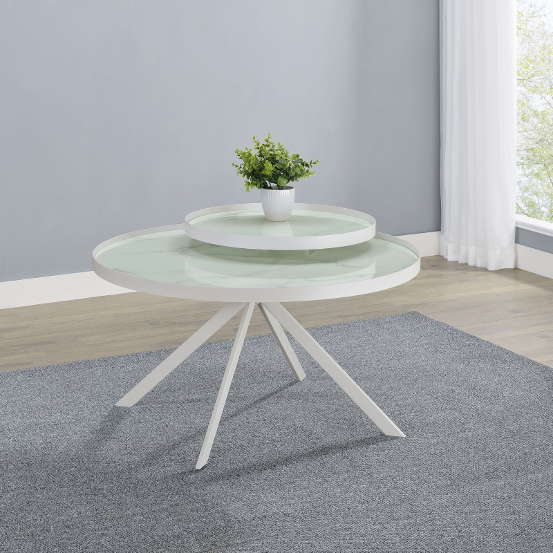 706258 Briggs Round Marble Printed Glass Top Coffee Table White