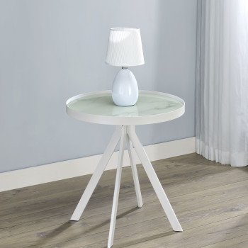 706257 Briggs Round Marble Printed Glass Top End Side Table White