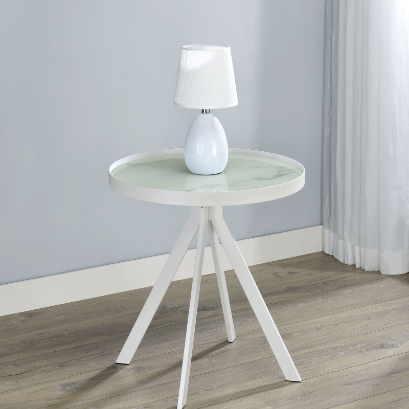706257 Briggs Round Marble Printed Glass Top End Side Table White