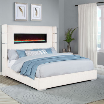 306032KE Tisdall Upholstered Eastern King Flame Visualizer Bed Cream