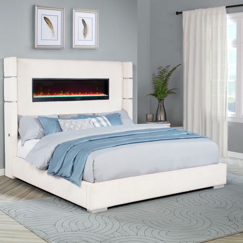 306032KE Tisdall Upholstered Eastern King Flame Visualizer Bed Cream