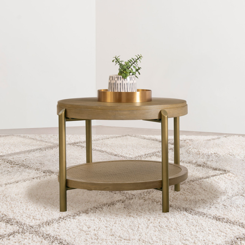 706187 Arini Round End Side Table With Storage Shelf Sand Wash