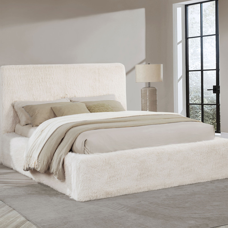 306141KE Rebecca Faux Fur Upholstered Eastern King Bed Cream