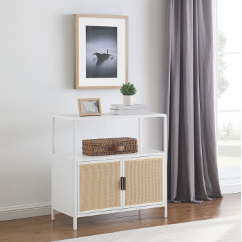 961642 Amherst 2-door Radio Weave Cane Metal Accent Cabinet White