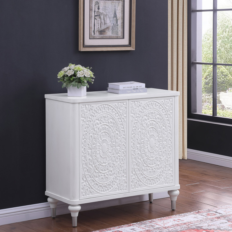 950411 Cardella 2-door Mandala Accent Cabinet Distressed White