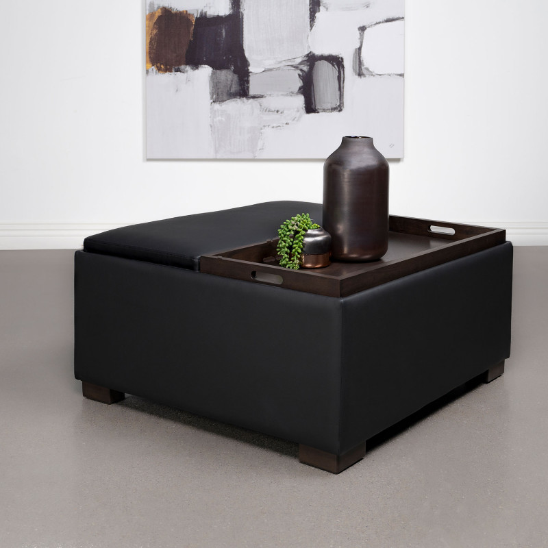910142 Paris Upholstered Storage Ottoman with Tray Black