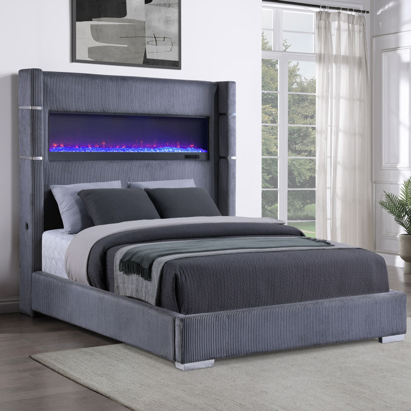 306030Q Tisdall 67-inch Upholstered Queen Fireplace Bed Grey
