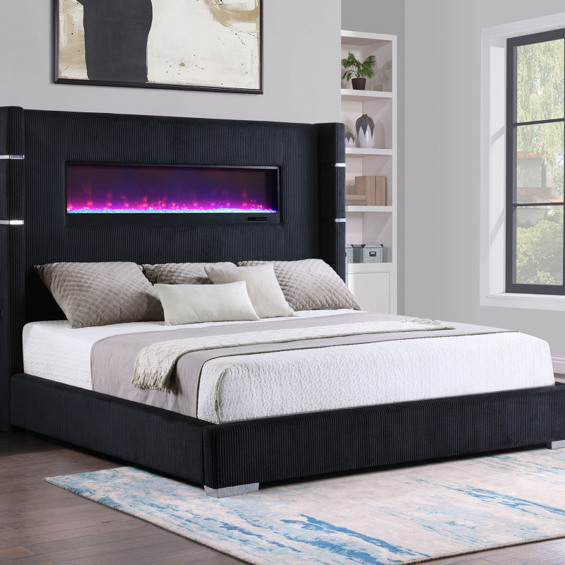 306031KE Tisdall 67-inch Upholstered Eastern King Fireplace Bed Black