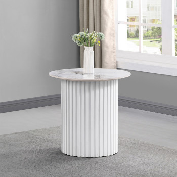 708337 Rowena Round Sintered Stone End Table White Faux Marble
