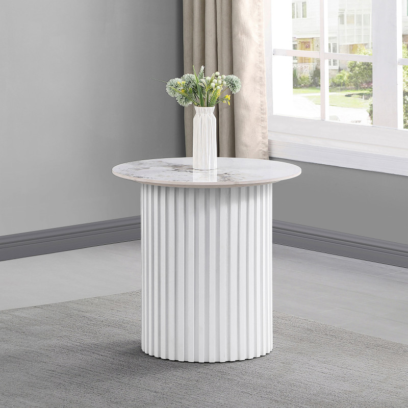 708337 Rowena Round Sintered Stone End Table White Faux Marble