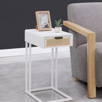 931632 Amherst 1-drawer Radio Weave Cane Metal Side Table White
