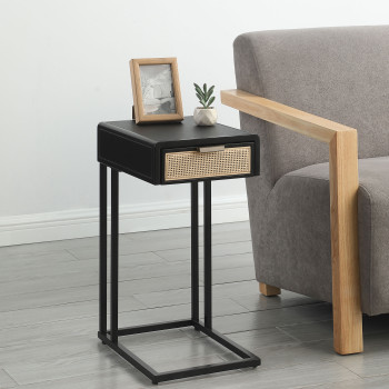 931631 Amherst 1-drawer Radio Weave Cane Metal Side Table Black