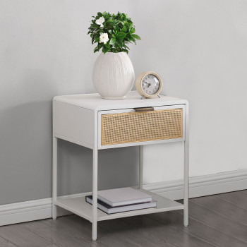 930236 Amherst 1-drawer Radio Weave Cane Metal Bedside Table White