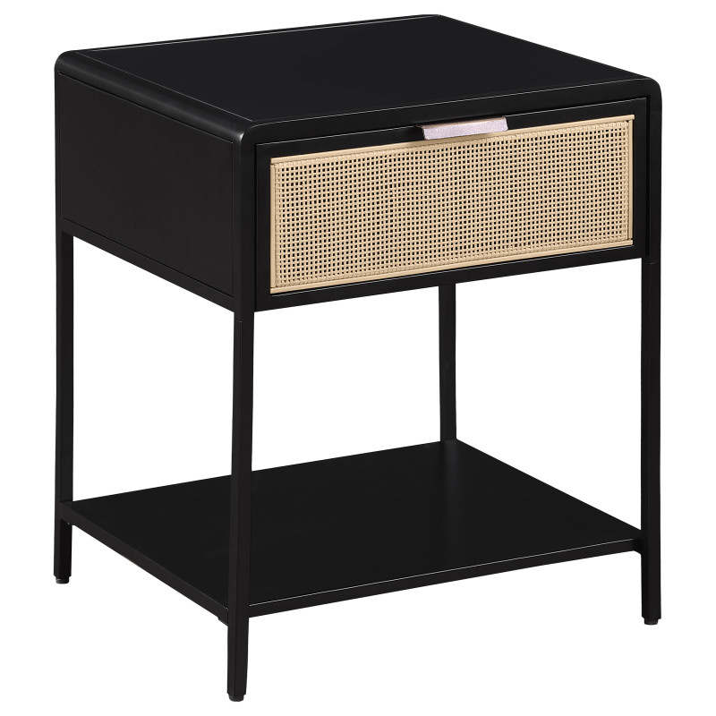 930235 Amherst 1-drawer Radio Weave Cane Metal Bedside Table Black