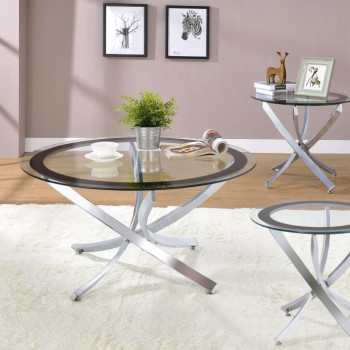702588-SET Brooke 3-piece Round Glass Top Coffee Table Set Chrome