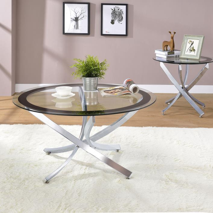 702588-S2 Brooke 2-piece Round Glass Top Coffee Table Set Chrome