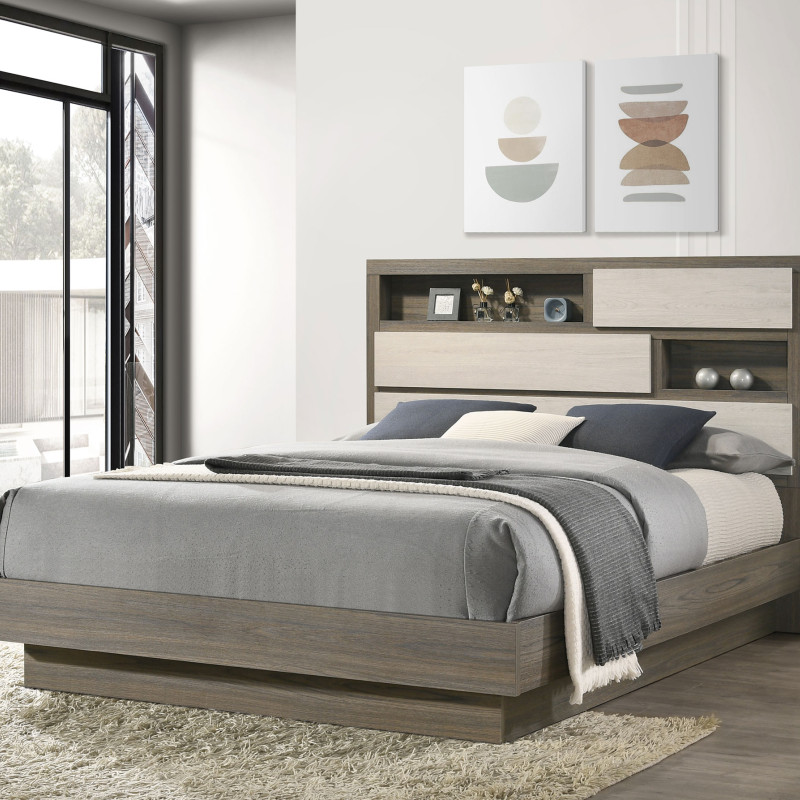 224981Q Fenwick Queen Bed Bookcase Headboard Grey Oak
