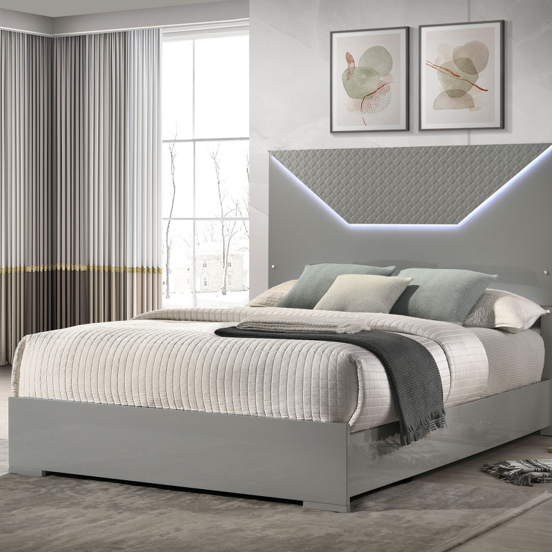 224971Q Ives Queen Panel Bed LED Headboard Grey High Gloss