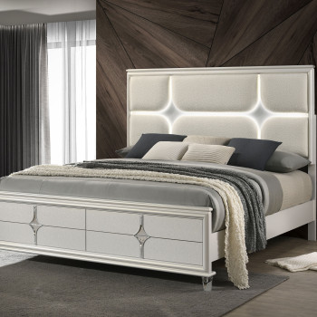 224951KW Olivia California King Panel Bed LED Headboard Pearl White