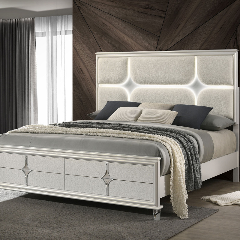 224951KE Olivia Eastern King Panel Bed LED Headboard Pearl White