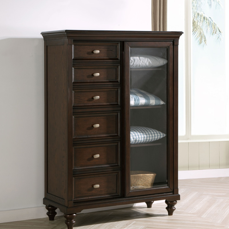 223637 Andover 6-drawer Tempered Glass Door Chest Dark Oak