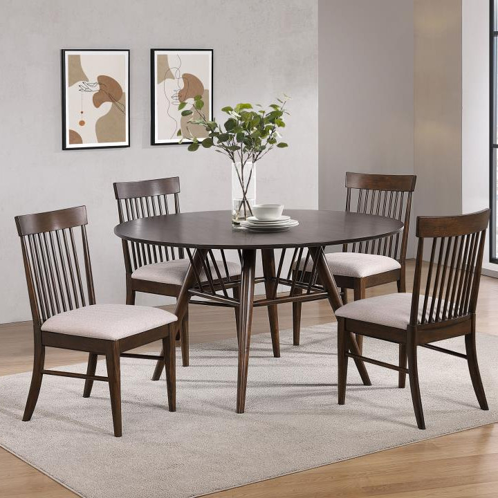 108891-S5 Everton 5-Piece Round 54-Inch Dining Table Set Dark Walnut