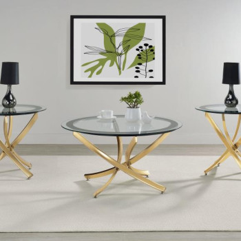 707888-SET Brooke 3-piece Round Glass Top Coffee Table Set Brass