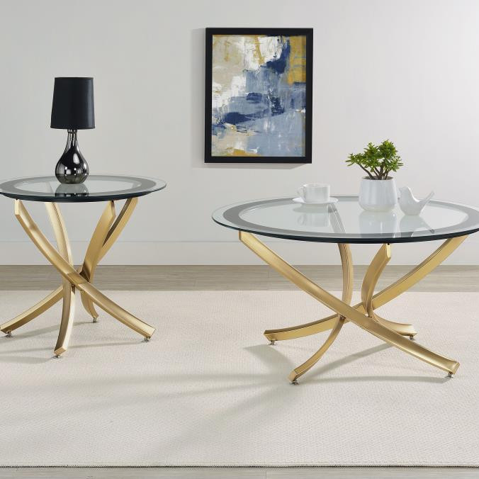 707888-S2 Brooke 2-piece Round Glass Top Coffee Table Set Brass