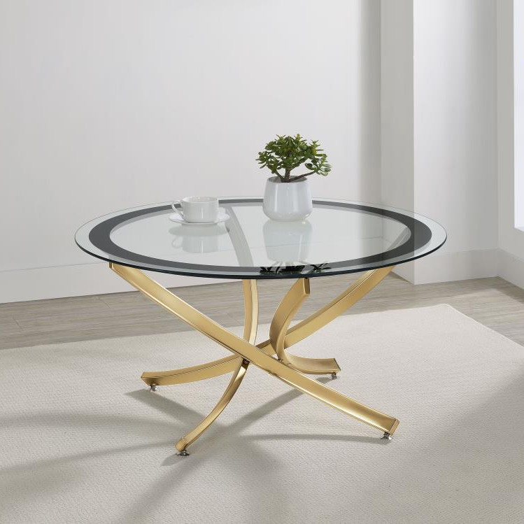 707888 Brooke Round Glass Top Coffee Table Metal Base Brass