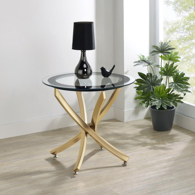 707887 Brooke Round Glass Top Side End Table Metal Base Brass