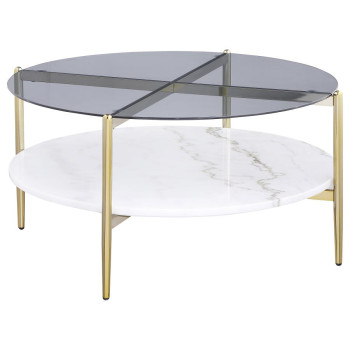 710338 Jonelle Round Glass Top Coffee Table White Marble Shelf Gold