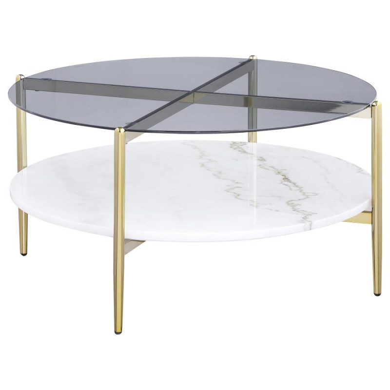 710338 Jonelle Round Glass Top Coffee Table White Marble Shelf Gold