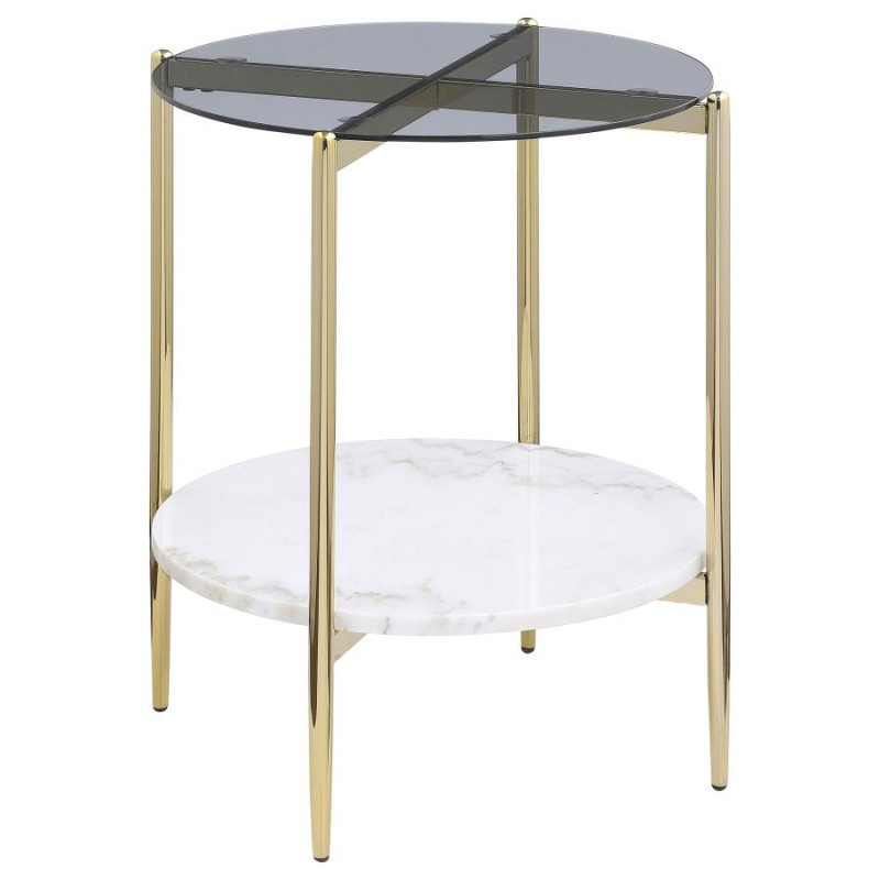 710337 Jonelle Round Glass Top End Table White Marble Shelf Gold