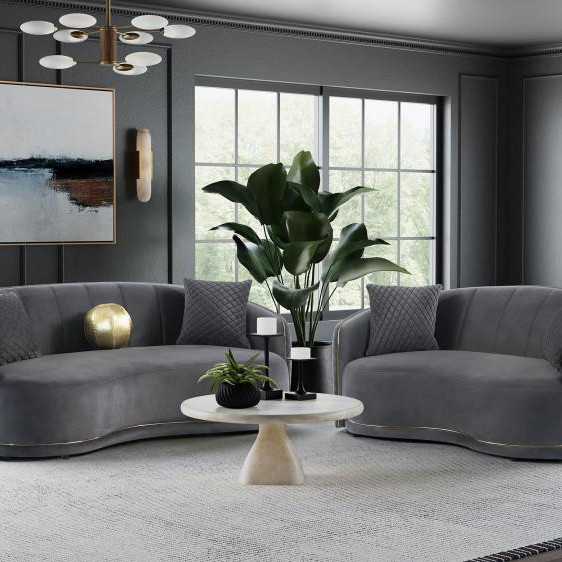 504844-S2 Brookside 2-Piece Velvet Upholstered Sofa Set Dark Grey