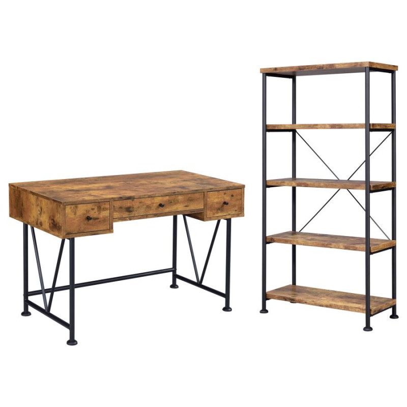 801541-S2 Analiese 2-piece 3-drawer Writing Desk Set Antique Nutmeg and Black