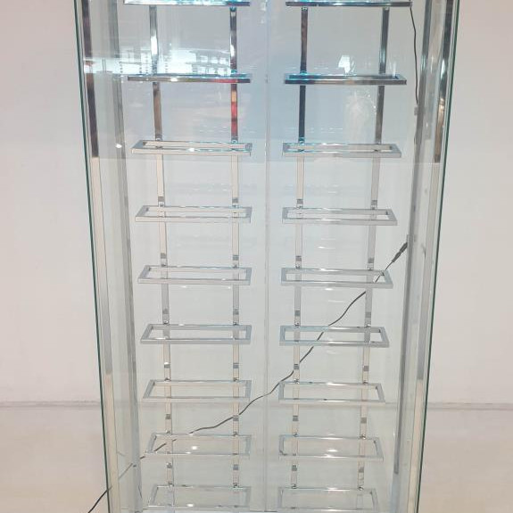 182037 Montara Tempered Glass Wine Storage Display Curio Cabinet With LED Lighting Chrome