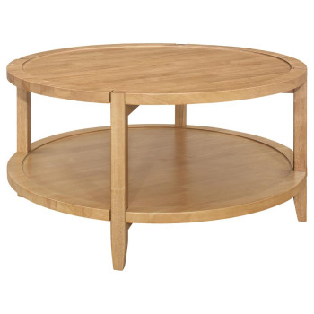 709698 Camillo Round Solid Wood Coffee Table With Shelf Maple Brown
