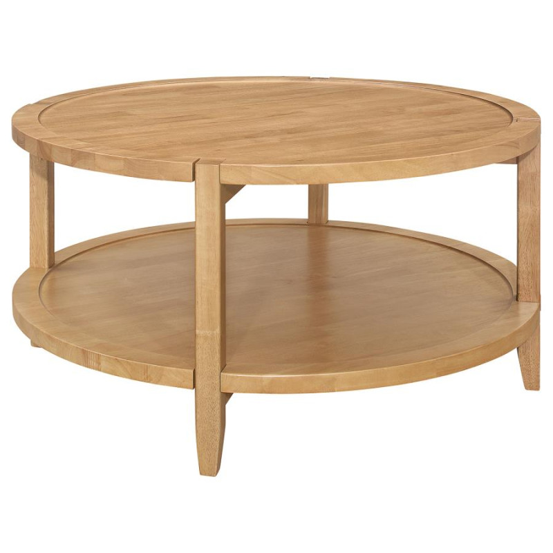 709698 Camillo Round Solid Wood Coffee Table With Shelf Maple Brown