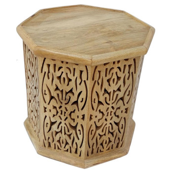 931148 Torres Octagonal Solid Wood Side Table With Intricate Openwork Carvings Natural Brown