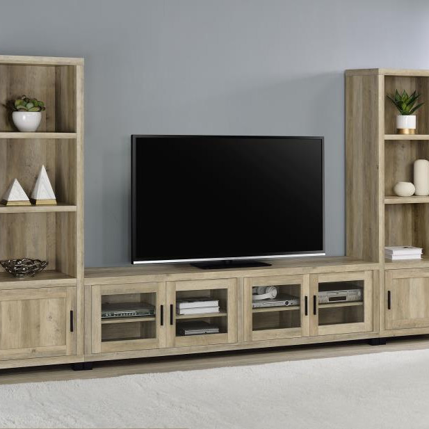 736283-SET Sachin 3-Piece Entertainment Center With 79″ TV Stand Antique Pine