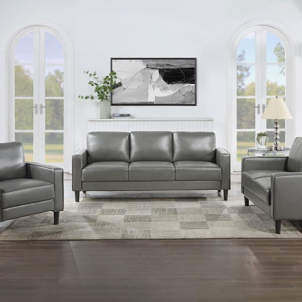 508365-S3 Ruth 3-Piece Upholstered Track Arm Faux Leather Sofa Set Grey
