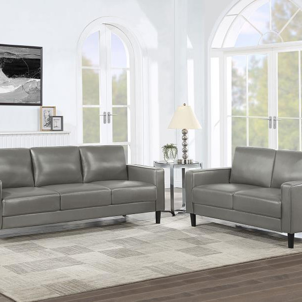 508365-S2 Ruth 2-Piece Upholstered Track Arm Faux Leather Sofa Set Grey